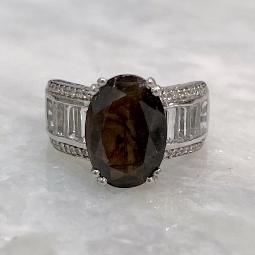 Chocolate Sapphire White Topaz Sterling Silver Ring Sz 8